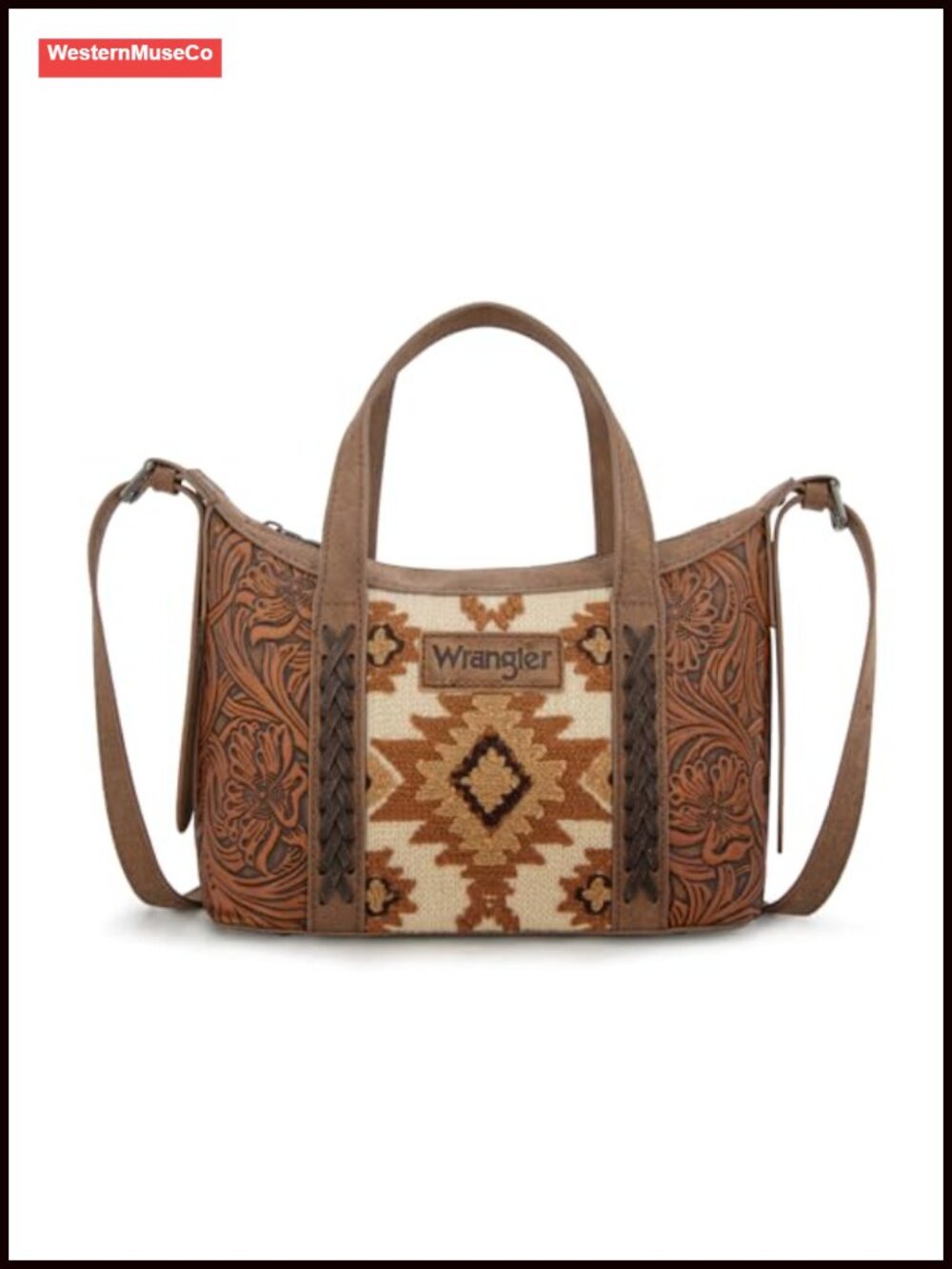 Aztec Crossbody Bag with Tooled Floral Motifs and Detachable Strap